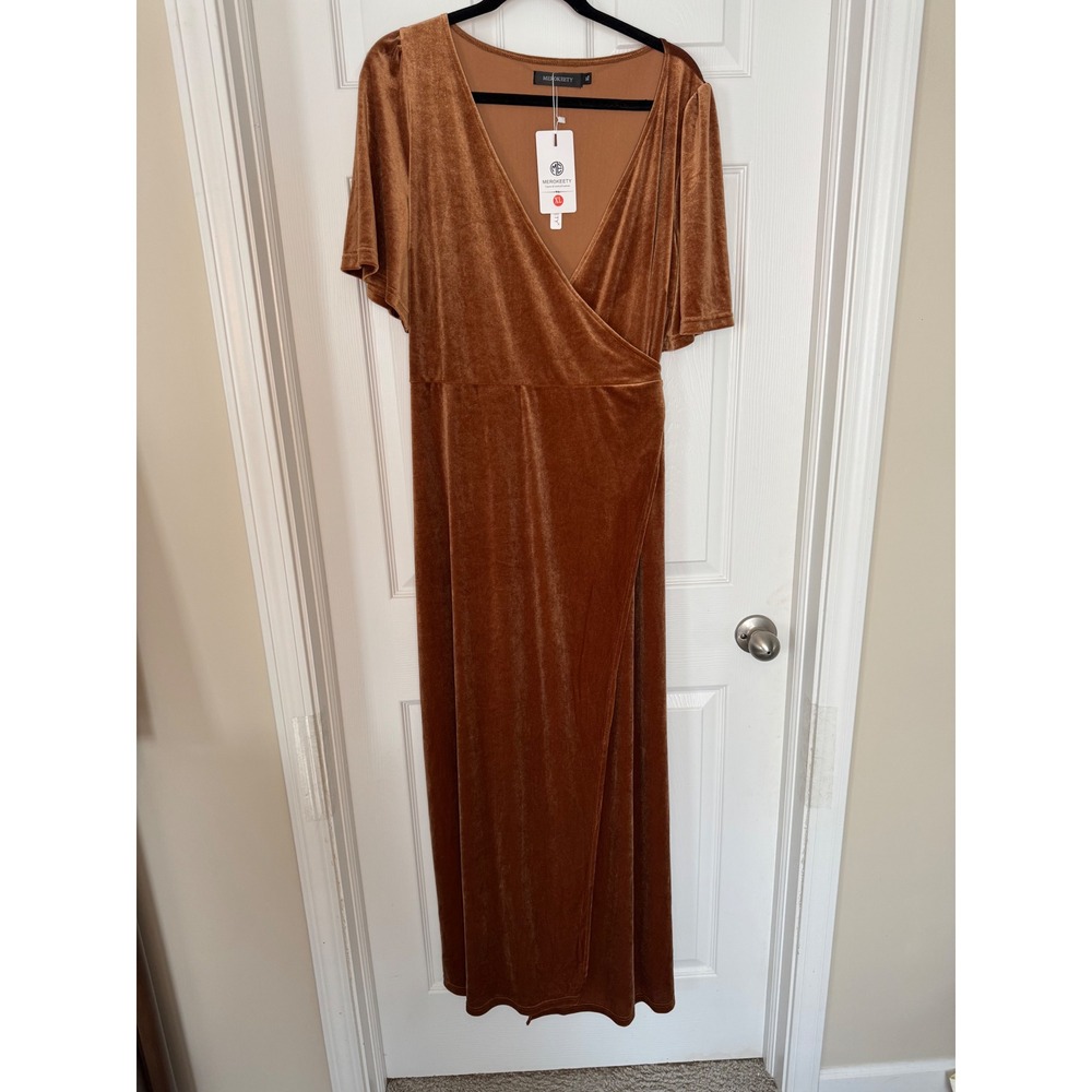 NWT Merokeety Women Velvet Wrap Maxi Dress Caramel V Neck Flutter Sleeve XL